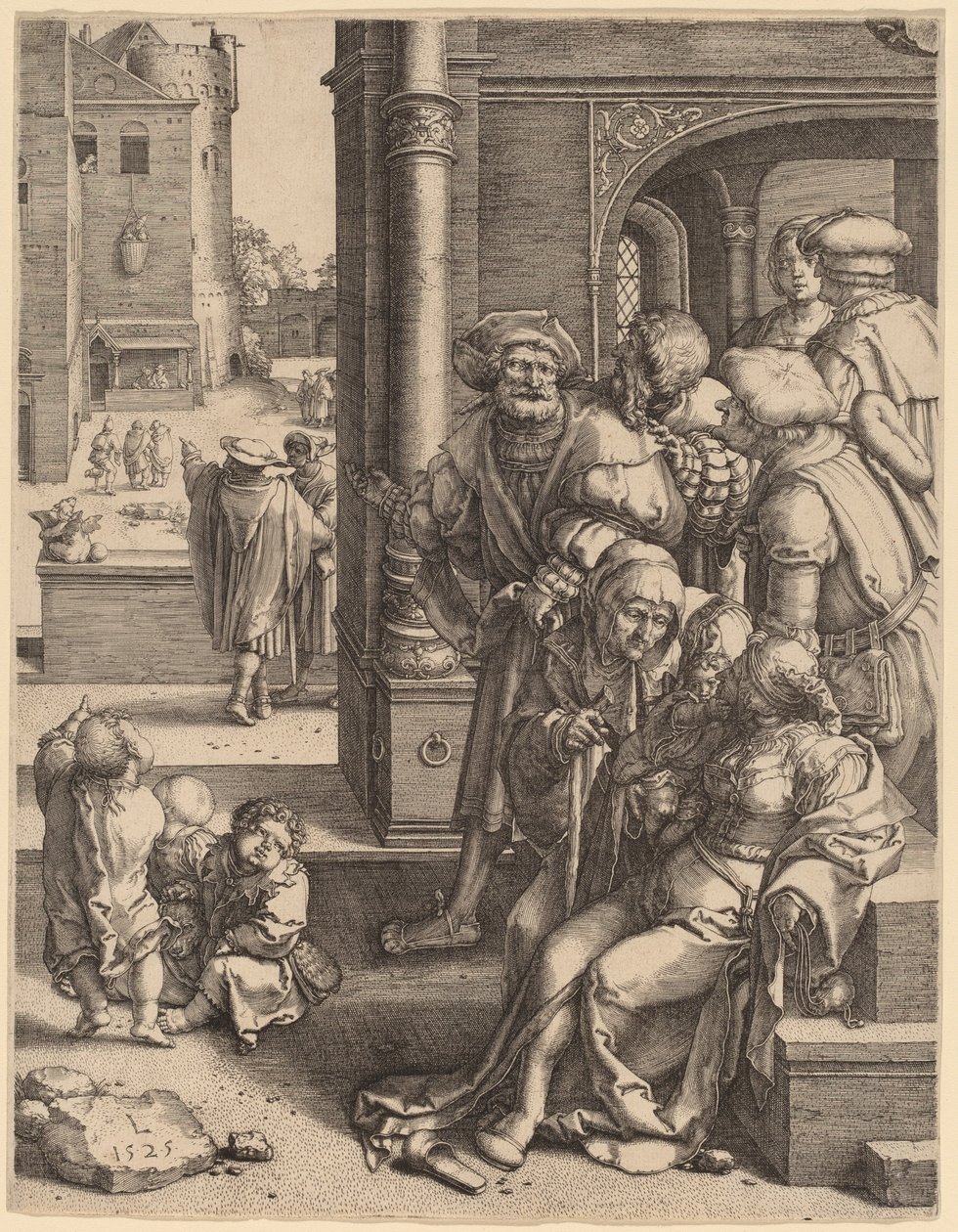 El poeta Virgilio suspendido en una canasta de Lucas van Leyden