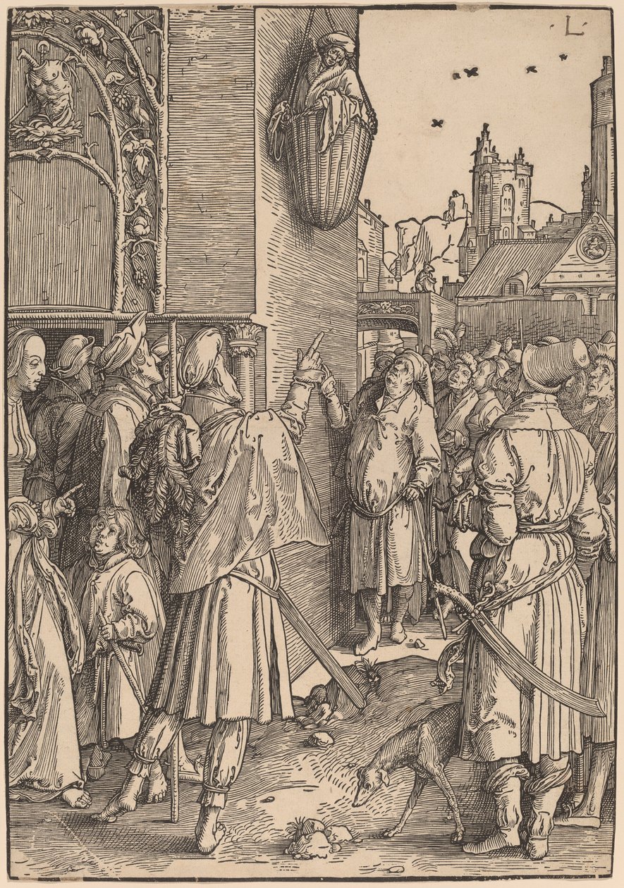 El poeta Virgilio suspendido en una cesta de Lucas van Leyden
