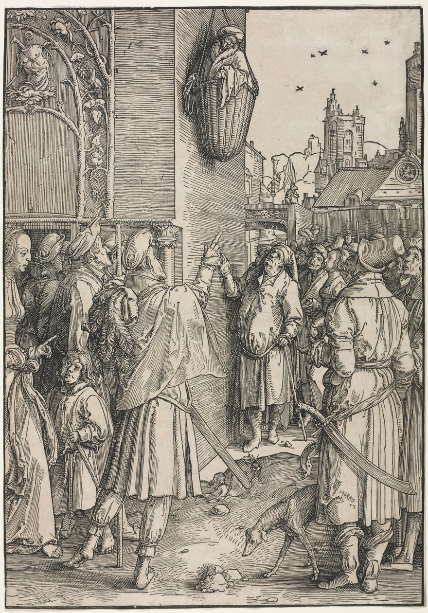 El Poder de las Mujeres: El poeta Virgilio suspendido en una canasta, c. 1512 de Lucas van Leyden