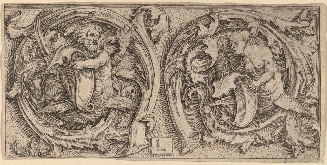 Tritón y sirena en zarcillos de Lucas van Leyden