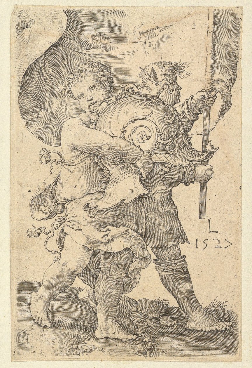 Dos niños con un casco y estandarte, 1527 de Lucas van Leyden