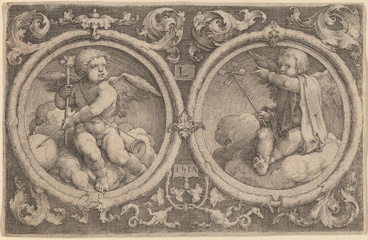 Dos cupidos sentados en nubes en dos círculos de Lucas van Leyden