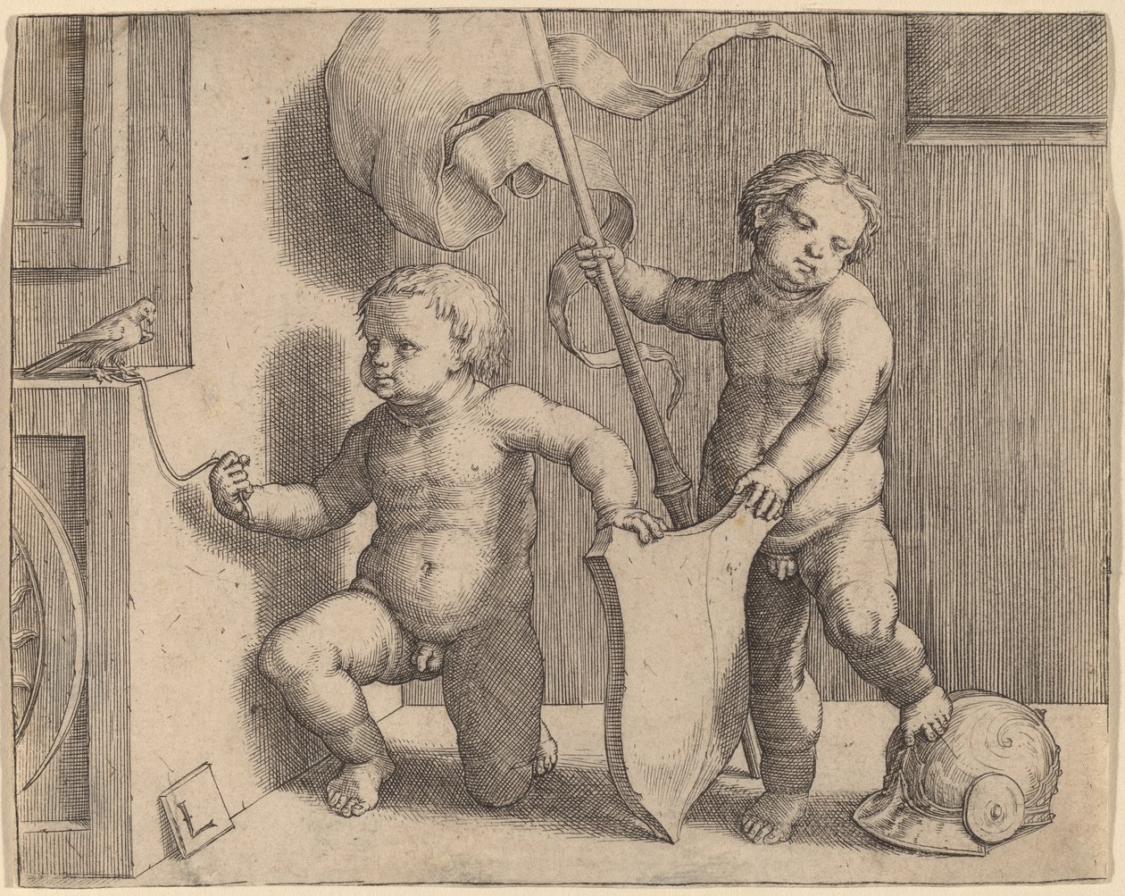 Dos niños desnudos sosteniendo un escudo en blanco de Lucas van Leyden