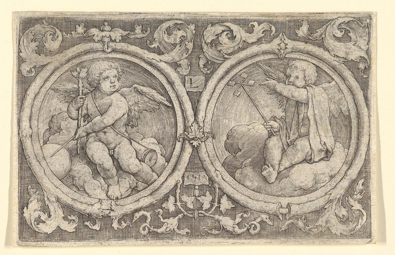 Dos putti sentados en nubes en círculos con zarcillos, 1517 de Lucas van Leyden