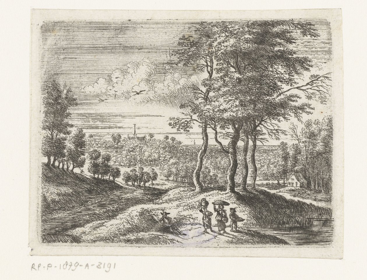 Paisaje forestal con dos mujeres y un niño con una canasta. Pequeños paisajes (título de serie) de Lucas van Uden