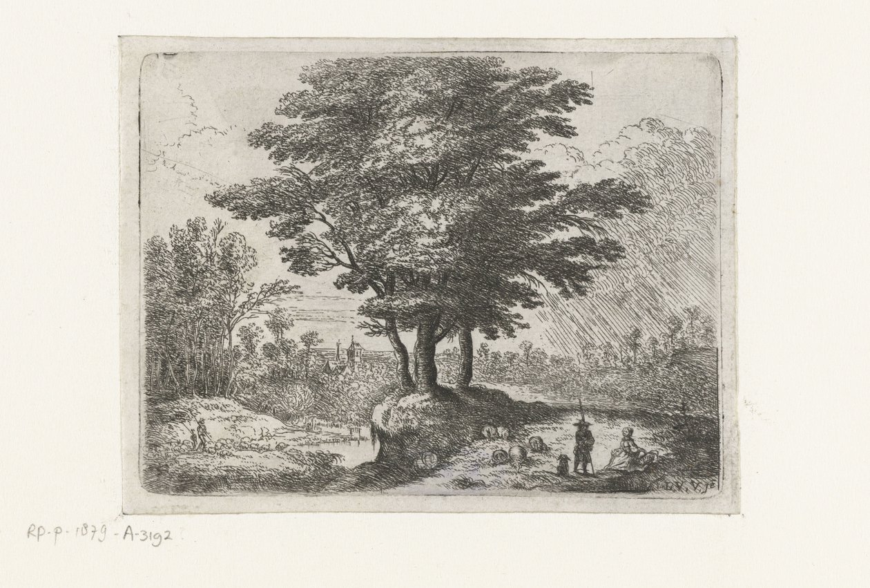 Tres árboles, un pastor con ovejas y un perro. Pequeños paisajes (título de serie) de Lucas van Uden