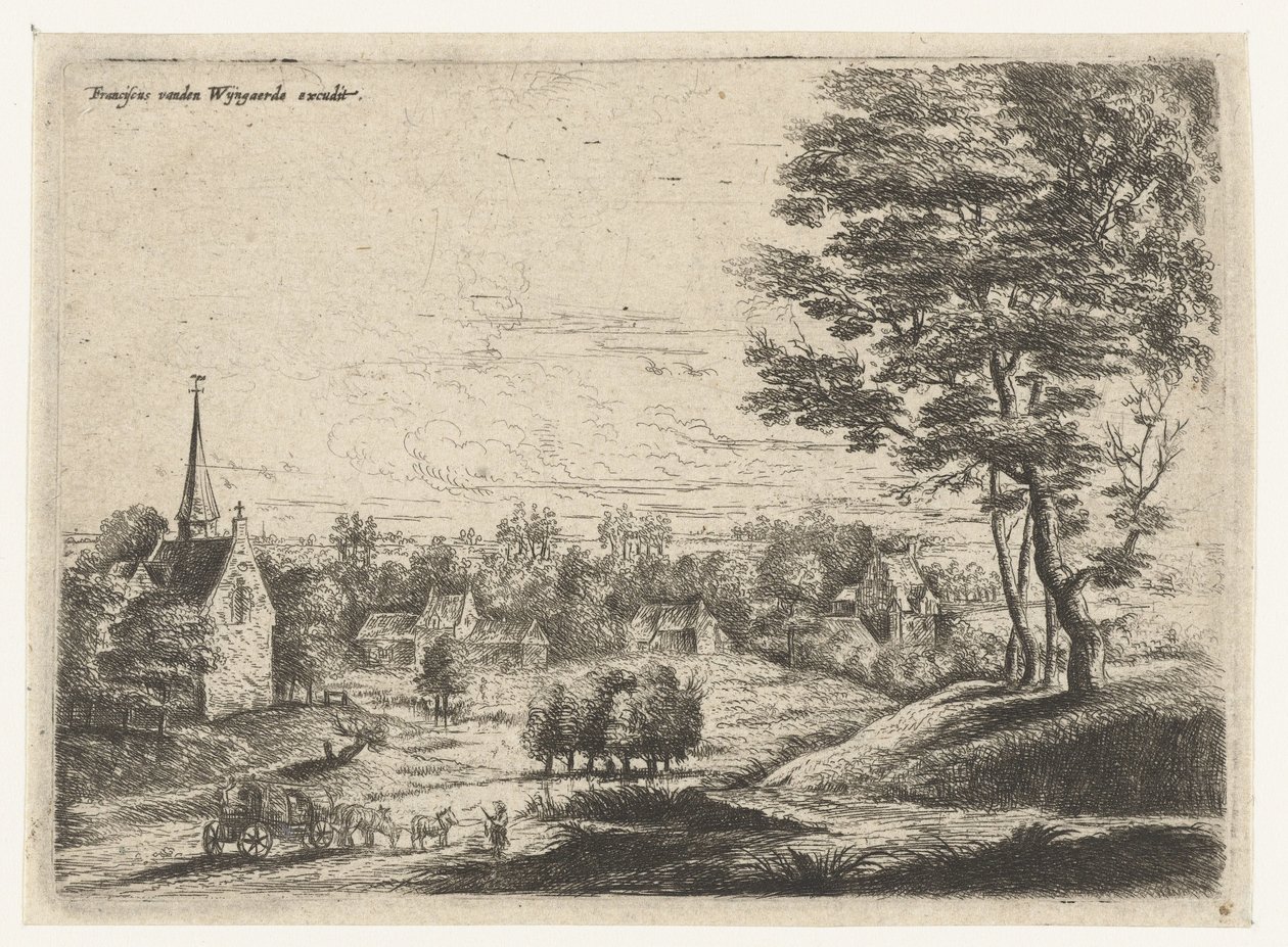 Vista de un pueblo con un carro cubierto Cinco paisajes (título de la serie) de Lucas van Uden