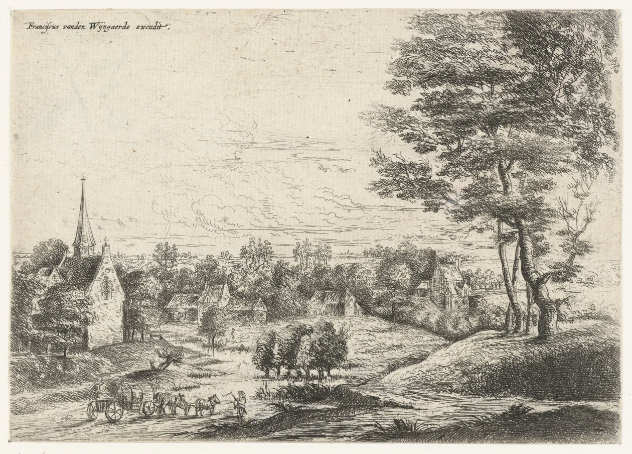 Vista de un pueblo con un carro cubierto Cinco paisajes (título de la serie) de Lucas van Uden
