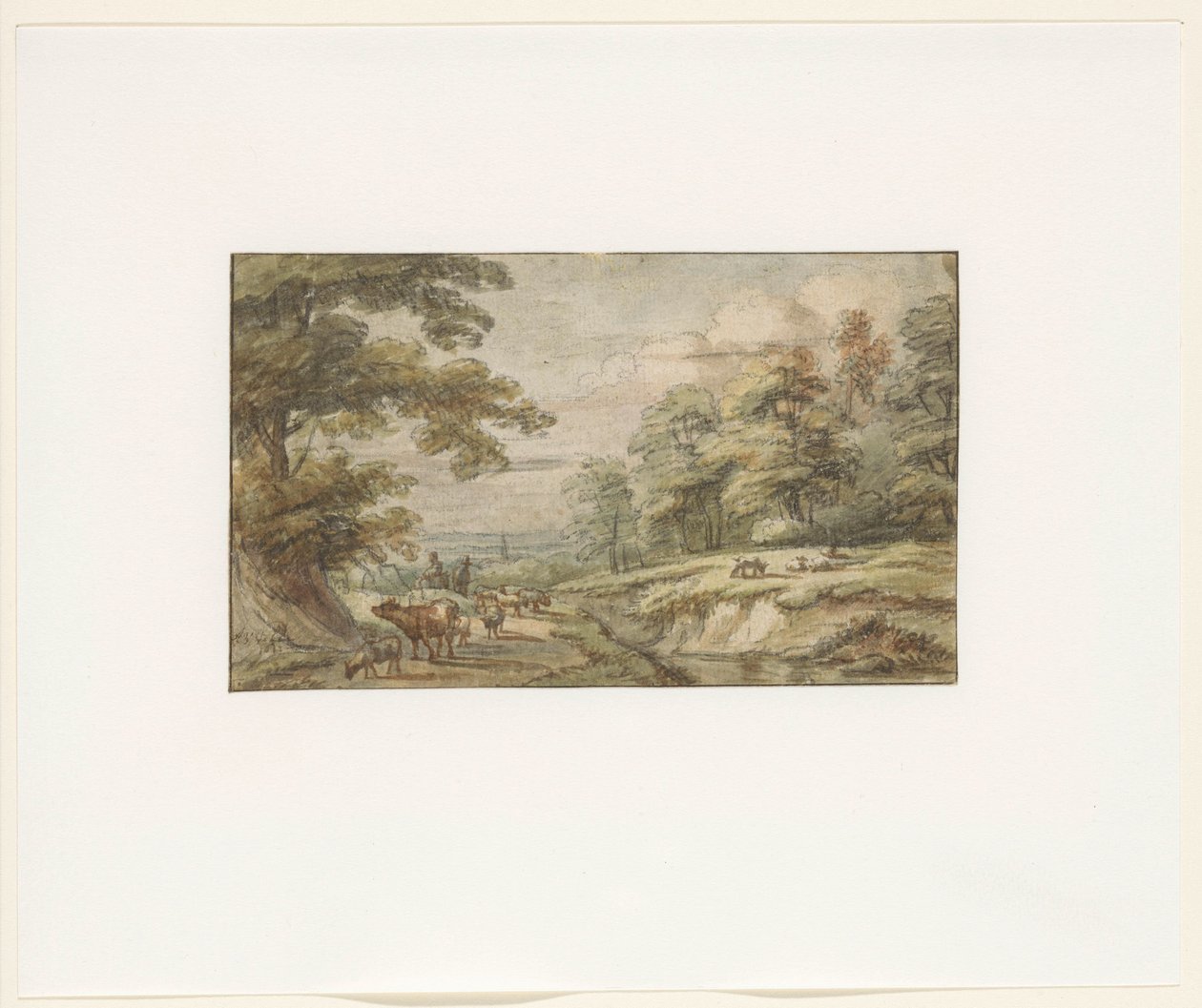 Paisaje montañoso con un rebaño de ovejas y una vaca de Lucas van Uden