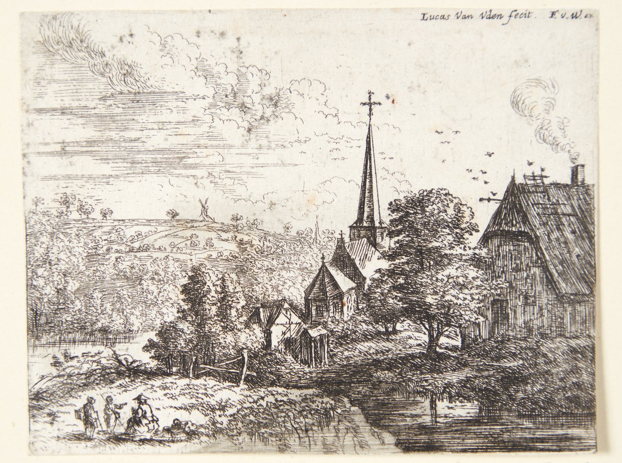 Pueblo junto a un río, en primer plano tres figuras de Lucas van Uden