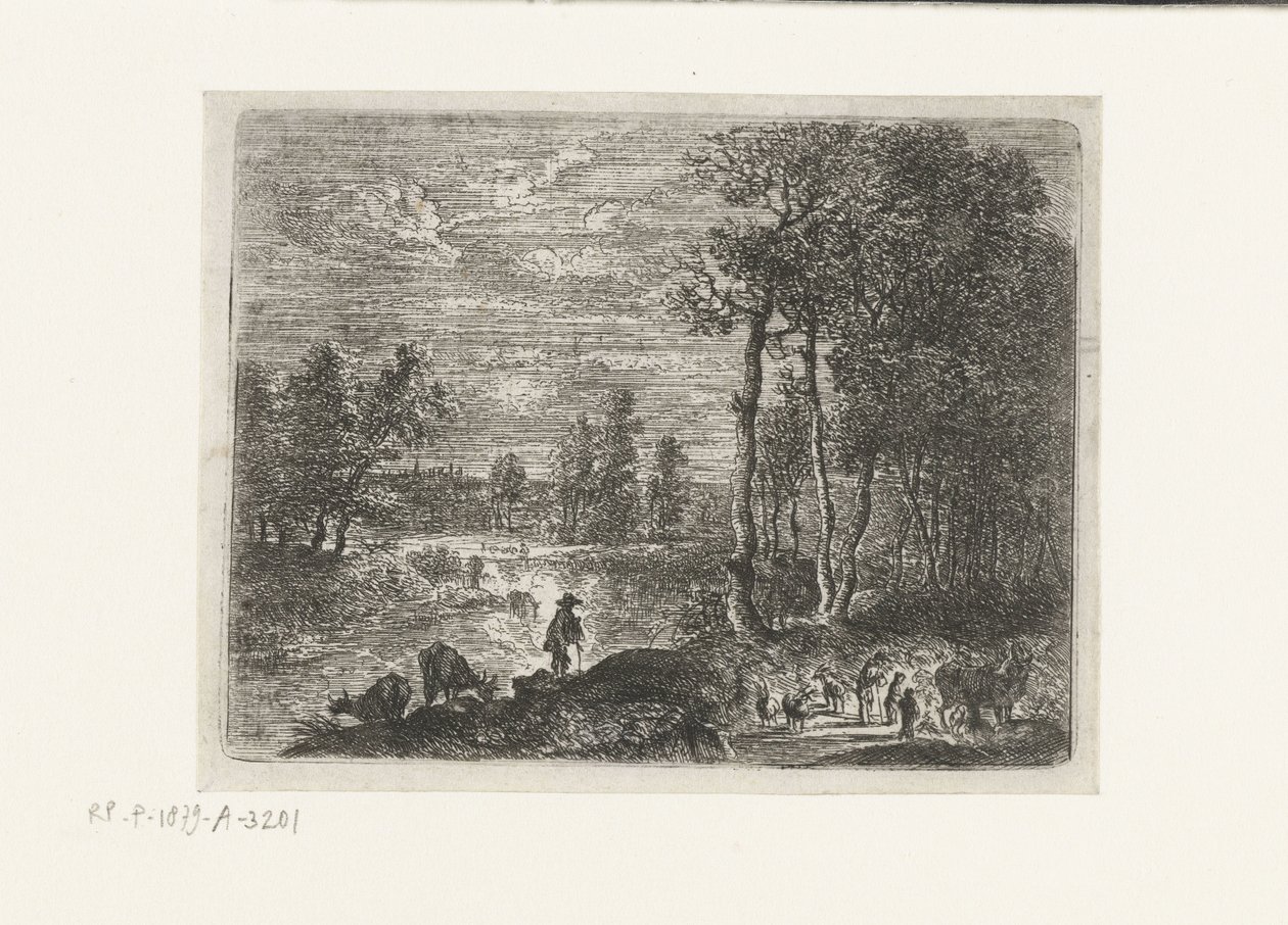 Paisaje de noche con granjeros y ganaderos. Pequeños paisajes (título de serie) de Lucas van Uden