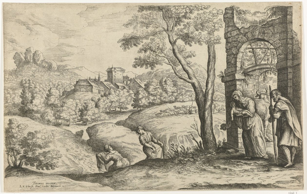 Paisaje con la Sagrada Familia y dos parteras de Lucas van Uden
