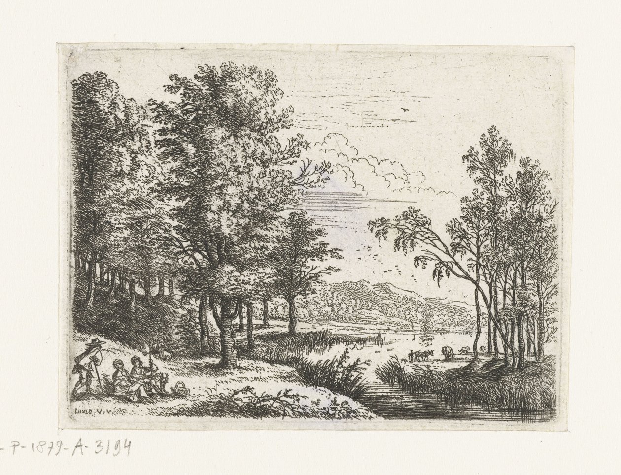 Paisaje con tres figuras junto a un lago. Pequeños paisajes (título de serie) de Lucas van Uden