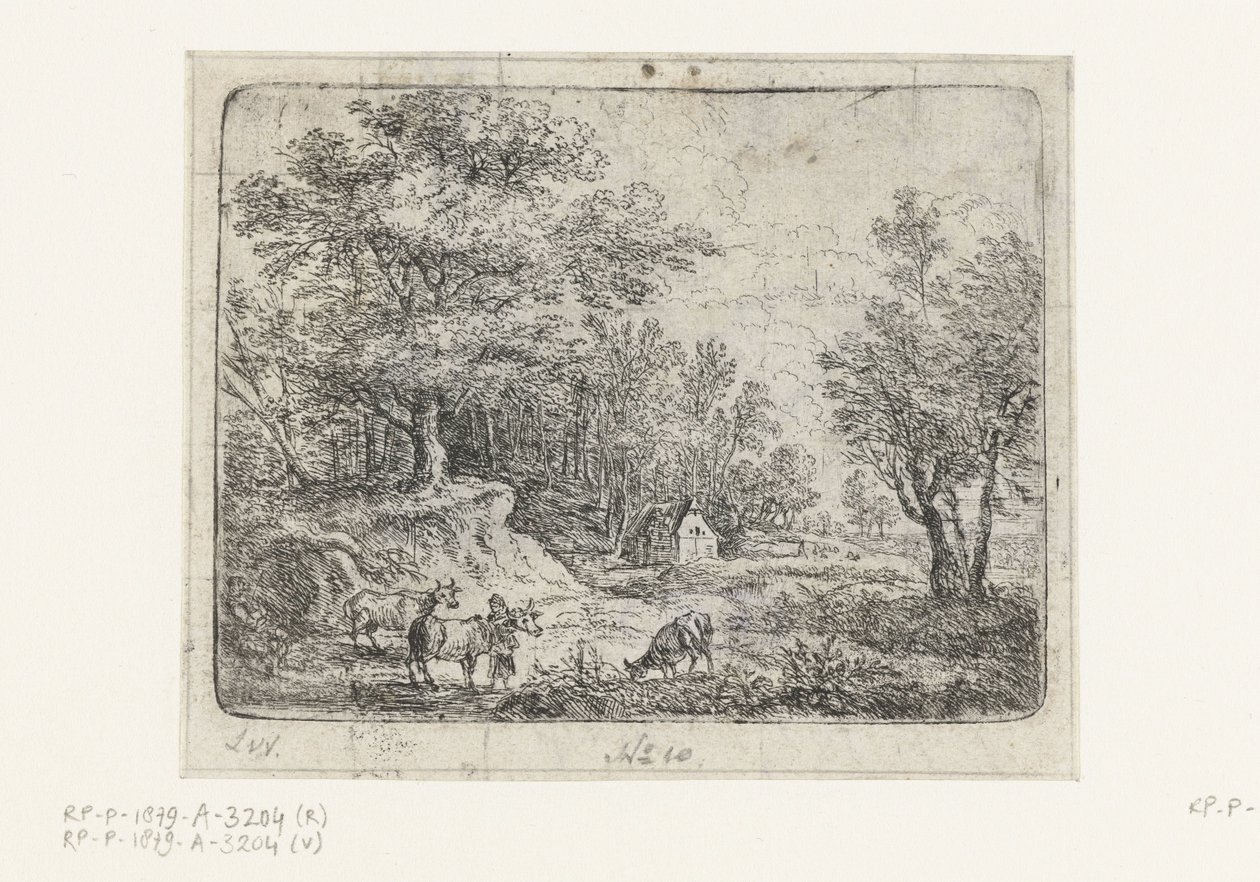 Paisaje con tres vacas y una mujer. Pequeños paisajes (título de serie) de Lucas van Uden