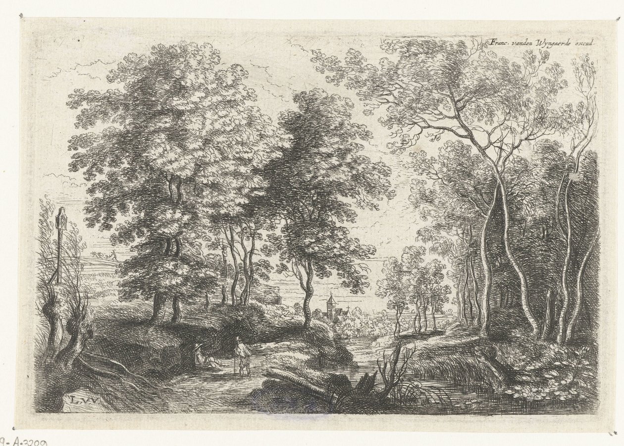 Paisaje con un arroyo a través de un bosque. Seis paisajes (título de la serie) de Lucas van Uden