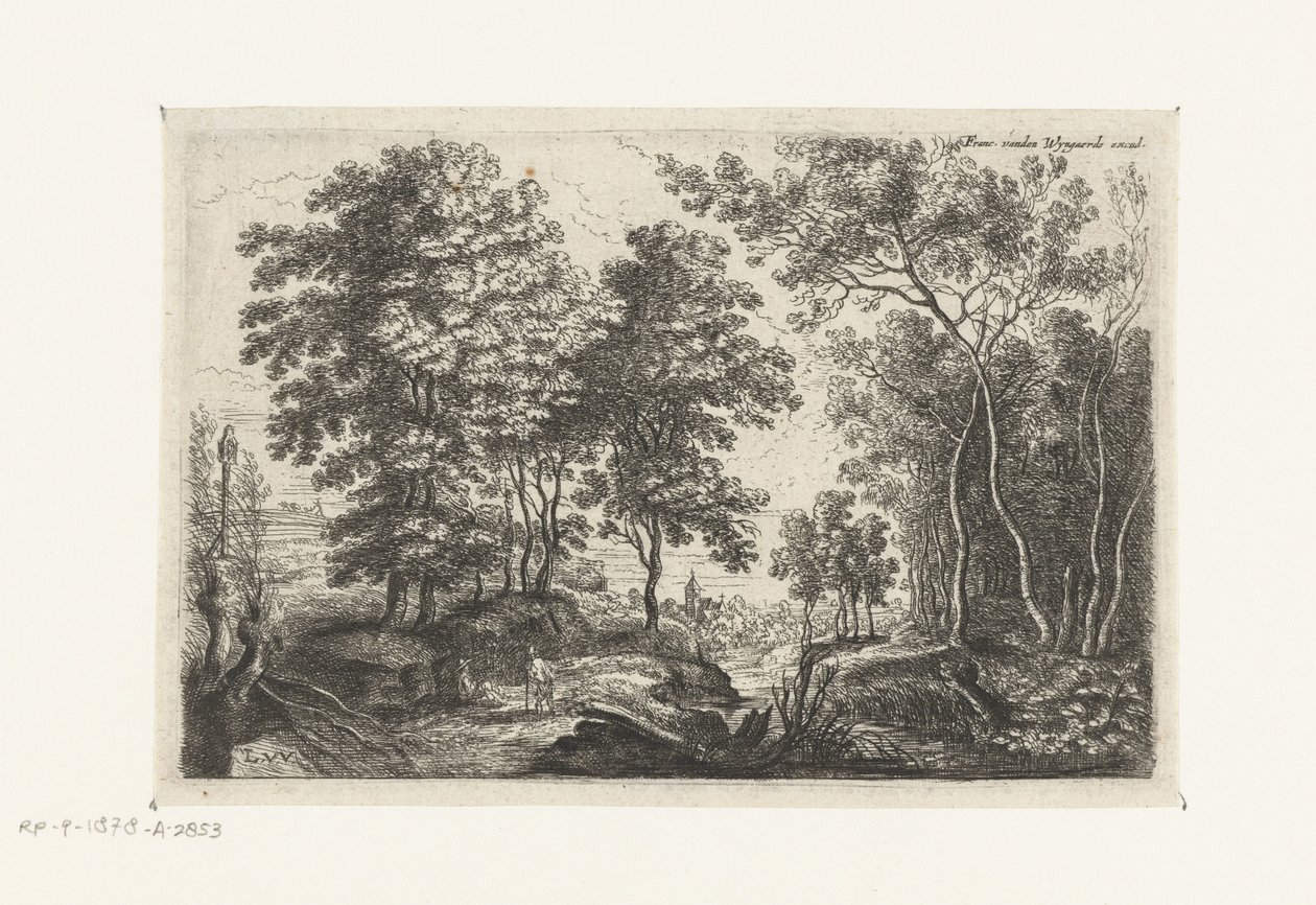 Paisaje con un arroyo a través de un bosque. Seis paisajes (título de la serie) de Lucas van Uden