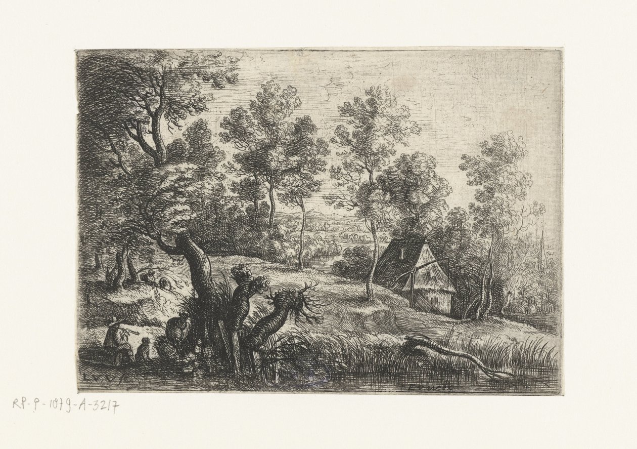 Paisaje con una casa y un pozo Cinco paisajes (título de la serie) de Lucas van Uden