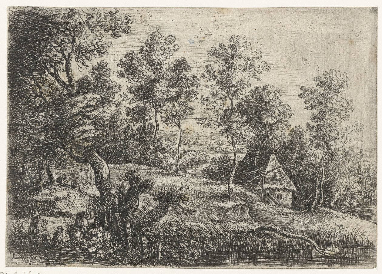 Paisaje con una casa y un pozo Cinco paisajes (título de la serie) de Lucas van Uden