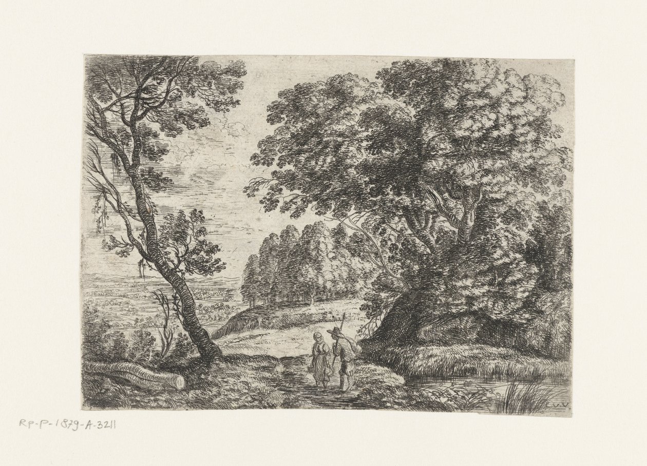 paisaje con un hombre y una mujer en conversación Seis paisajes (título de la serie) de Lucas van Uden