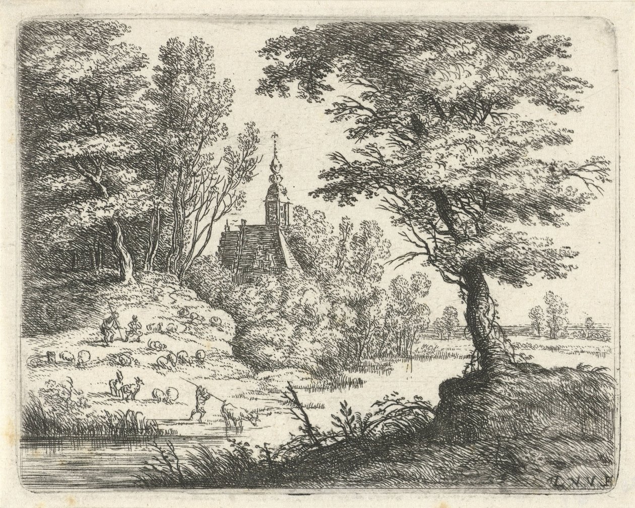 paisaje con pastores y ganado por un río Pequeños paisajes (título de serie) de Lucas van Uden
