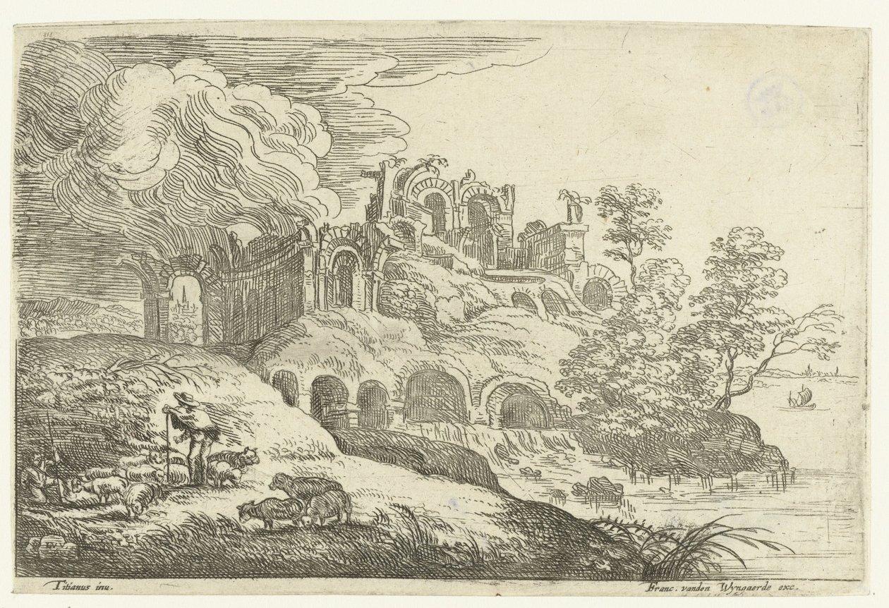 Ruinas junto a un lago Pequeños paisajes después de Tiziano (título de la serie) de Lucas van Uden