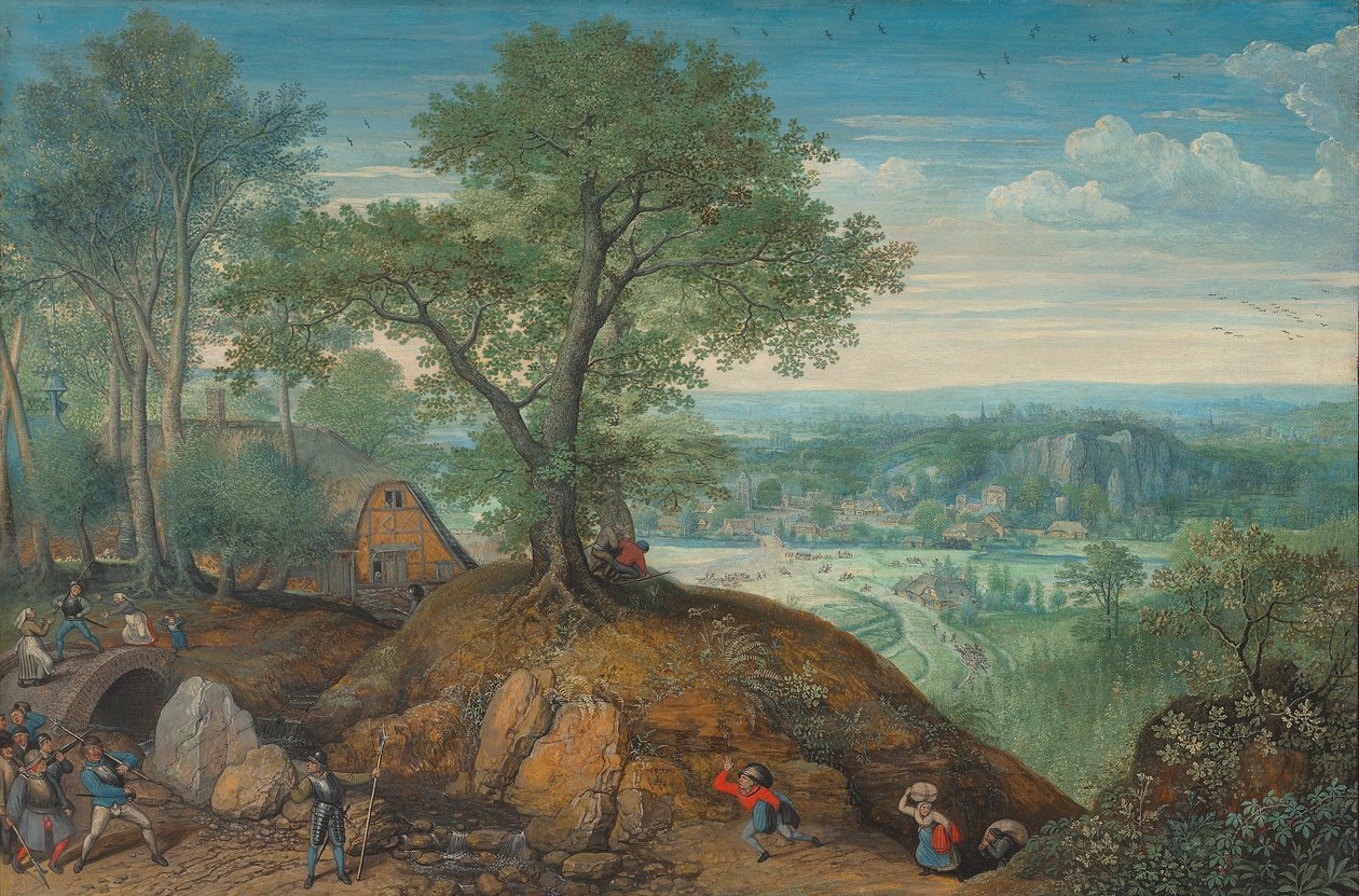 Extenso paisaje con soldados saqueadores de Lucas van Valckenborch