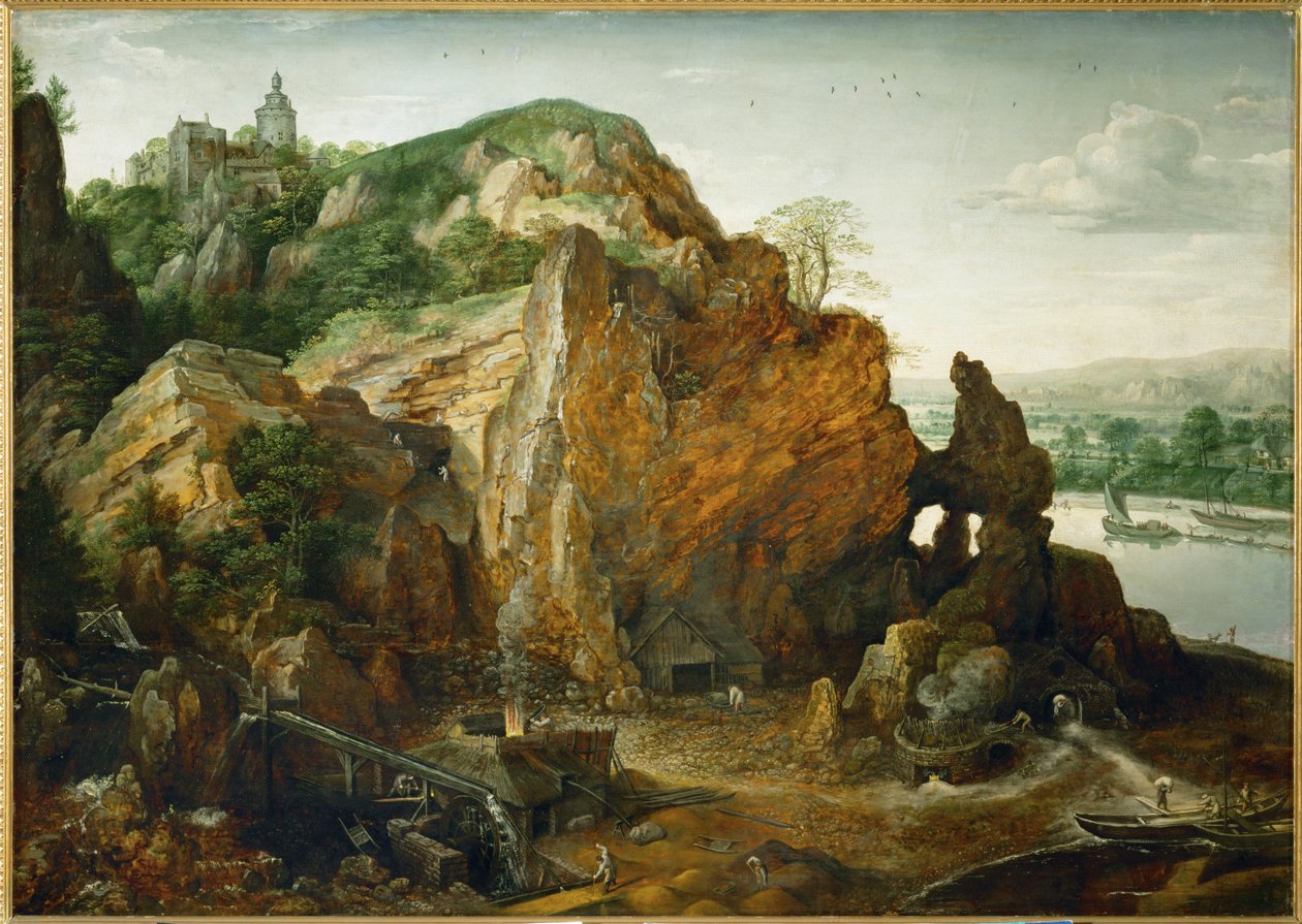 Paisaje en el río Maas con mina de hierro y horno de fundición, tal vez el castillo de Beaufort. de Lucas van Valckenborch