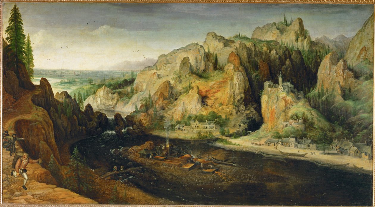 Paisaje montañoso con ladrones y altos hornos, hacia 1558 (pintura sobre lienzo) de Lucas van Valckenborch
