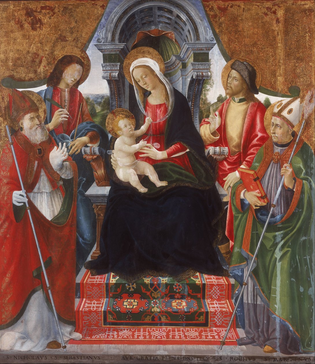 Virgen y Niño con los santos Nicolás, Sebastián, Roque y Martín de Lucchese School Late 15th Century