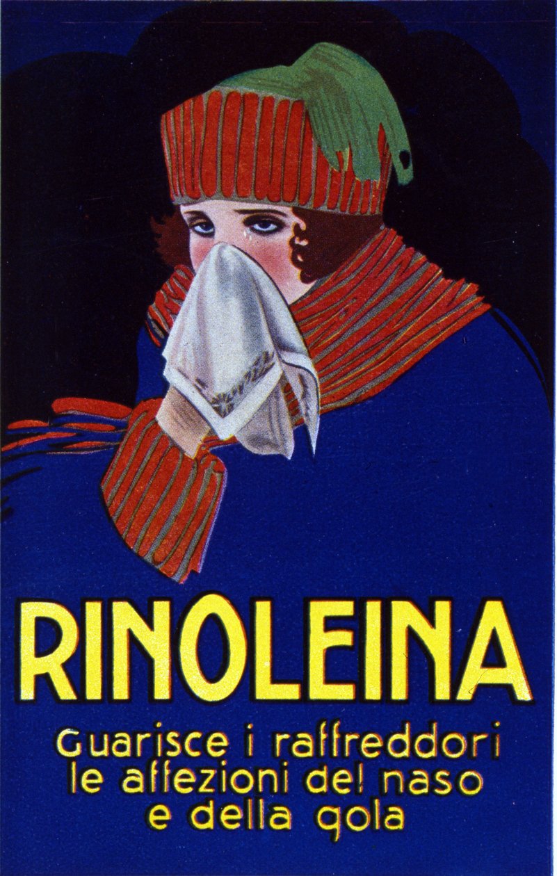 Publicidad del medicamento Rinoleina contra los resfriados, el dolor de garganta y la tos. Ilustración de Lucien Achille Mauzan (1883 - 1952). de Luciano Achille Mauzan