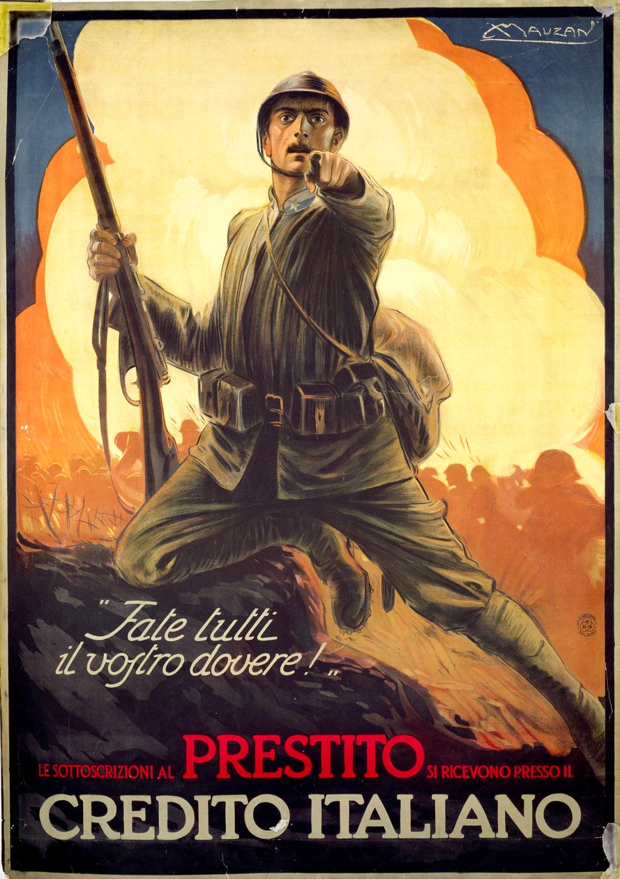 Cartel de propaganda italiana de la Primera Guerra Mundial anunciando bonos de guerra de Luciano Achille Mauzan
