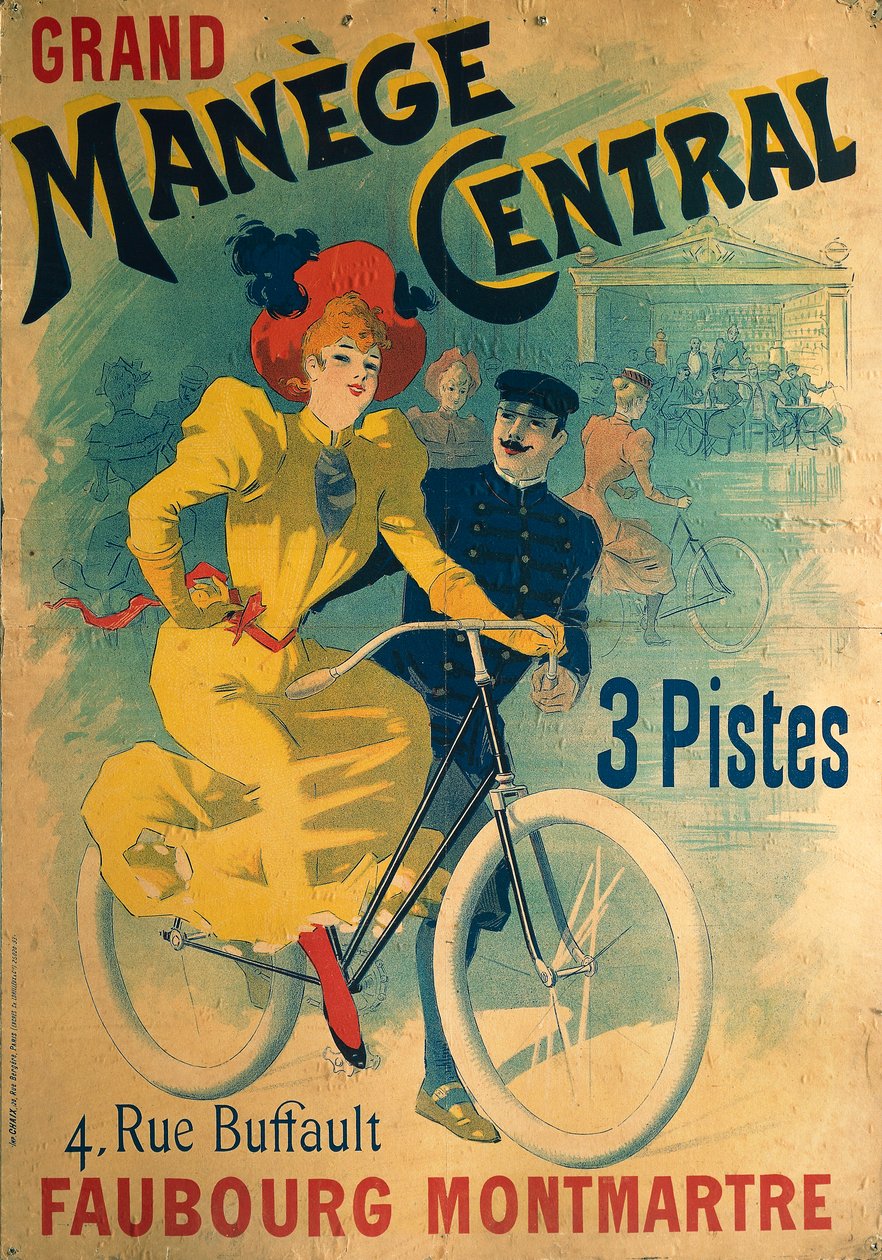 Gran Manege Central, póster publicitario para pista de ciclismo que representa a una mujer en bicicleta de Lucien Baylac