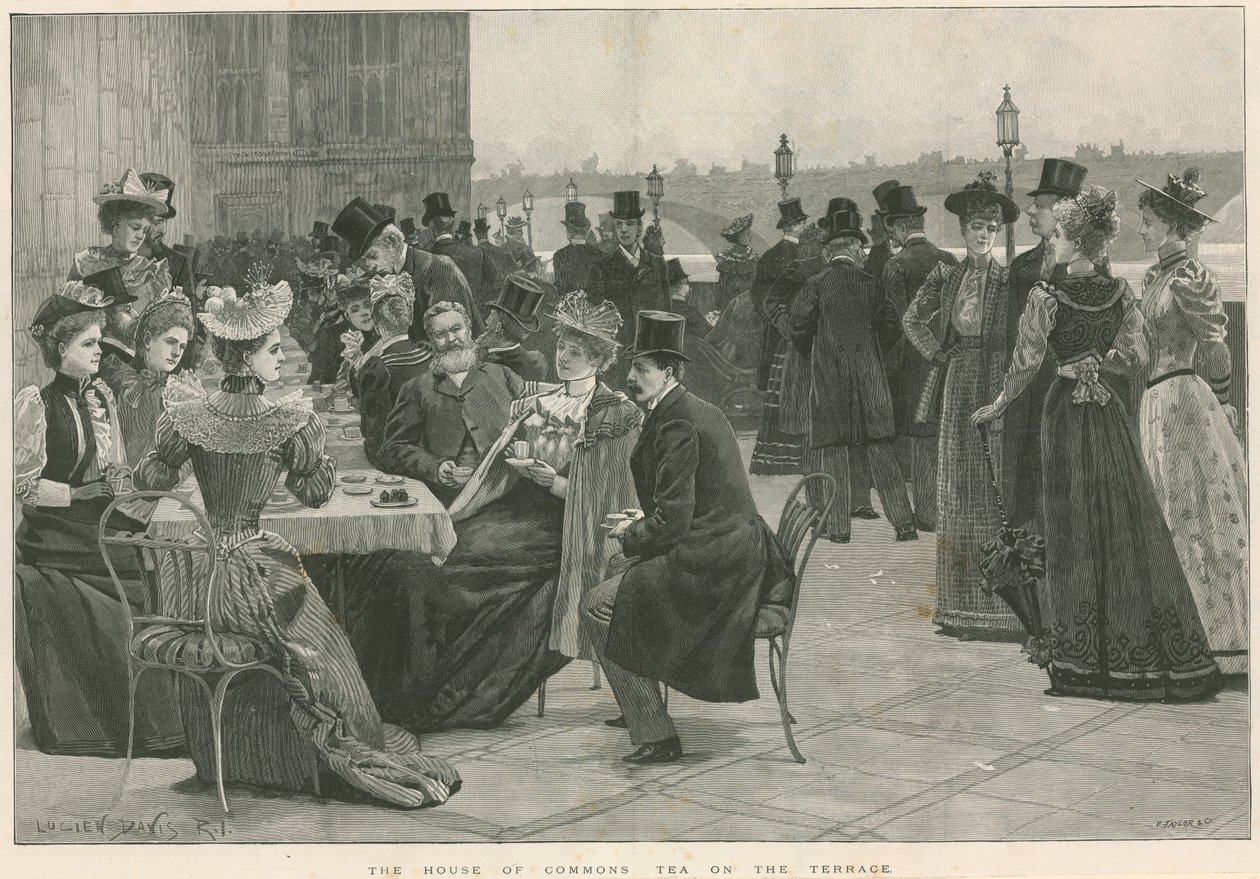 Té en la terraza de la Cámara de los Comunes (grabado) de Lucien Davis