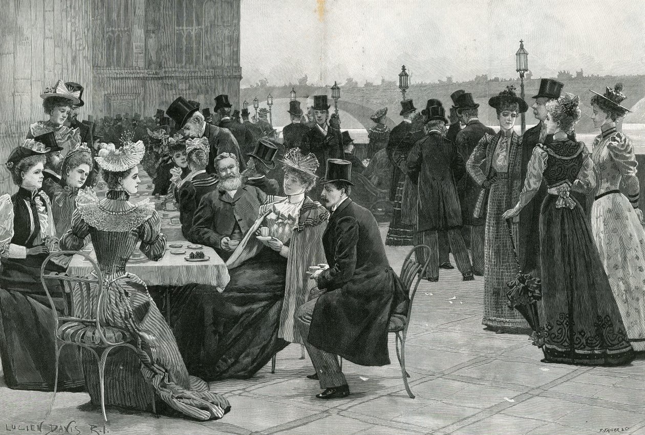 La Cámara de los Comunes: Té en la terraza (litografía) de Lucien Davis