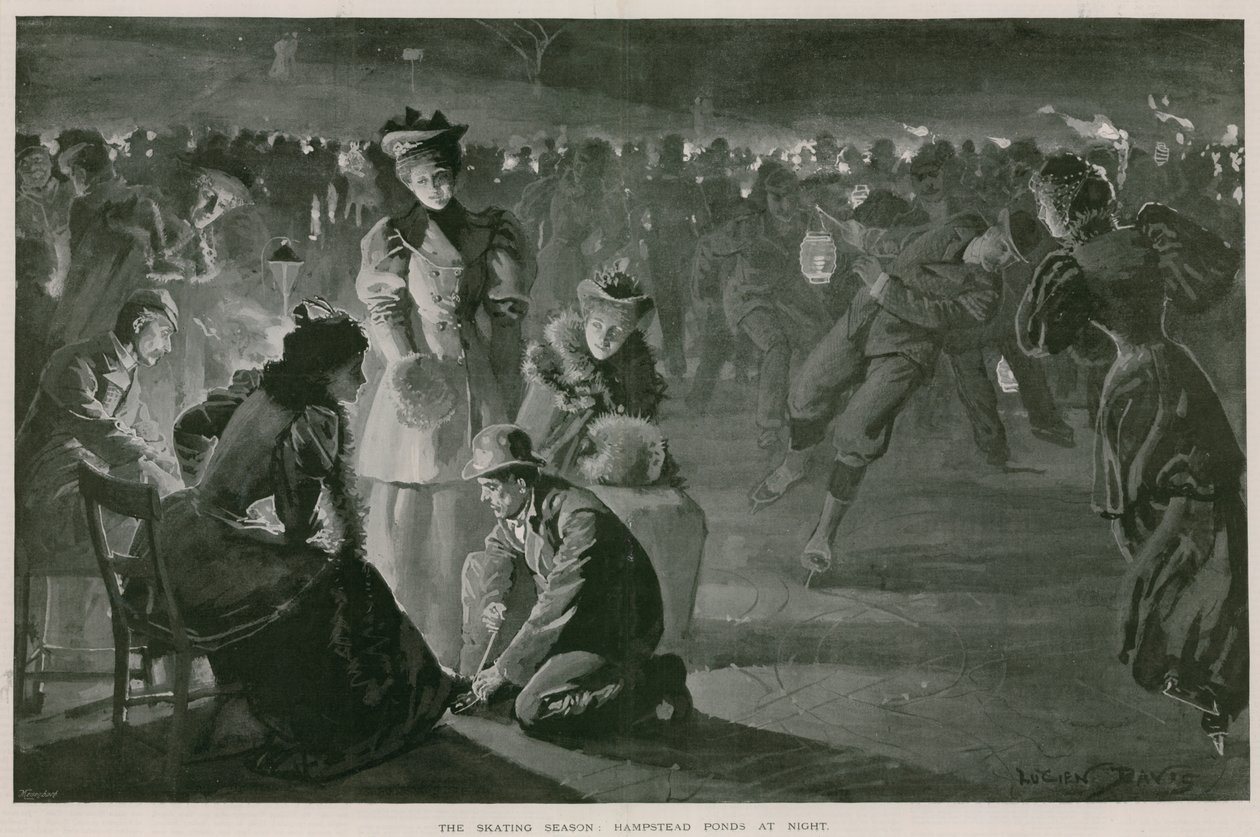 La temporada de patinaje: Hampstead Ponds de noche (litografía) de Lucien Davis