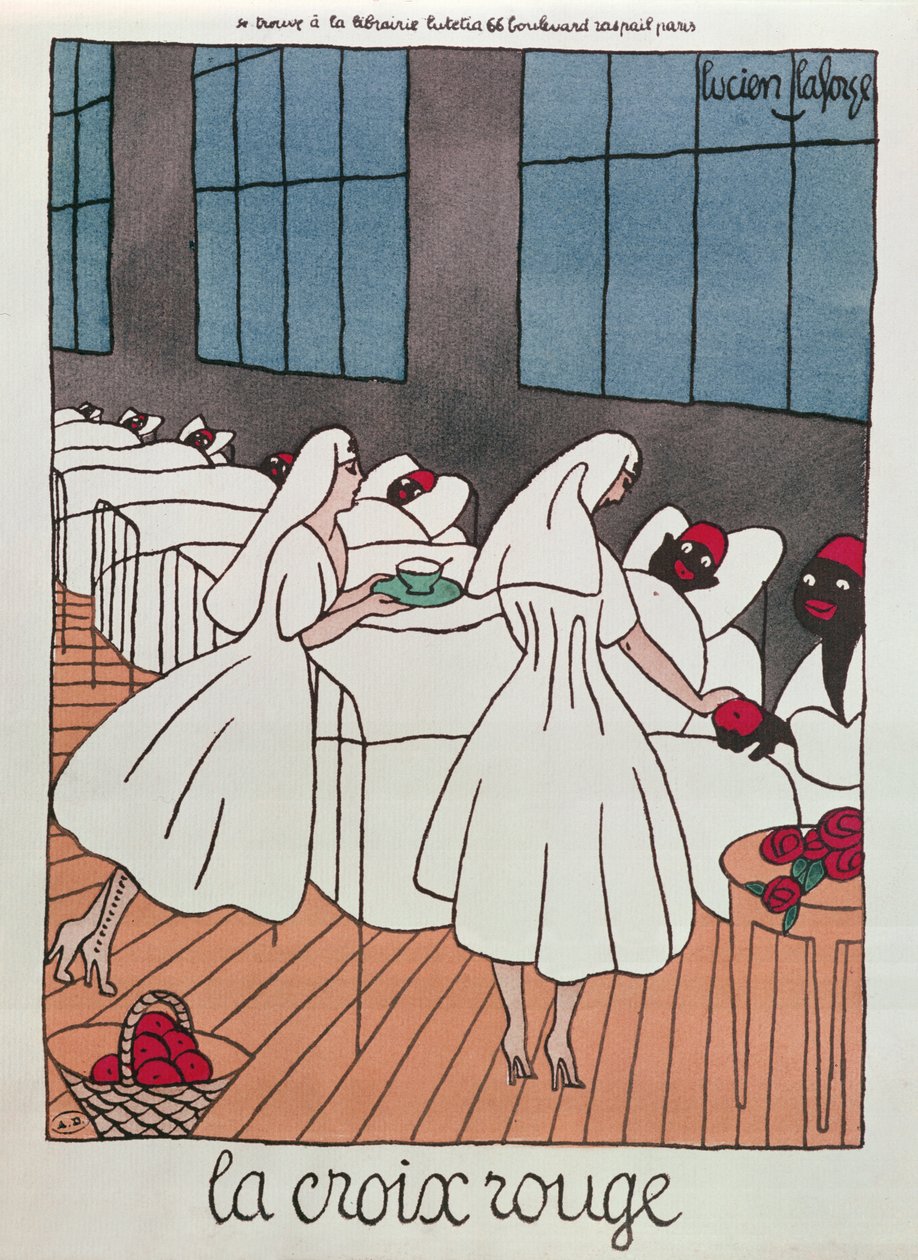 Enfermeras de la Cruz Roja atendiendo a soldados heridos durante la 1ª Guerra Mundial, c.1915 (litografía en color) de Lucien Laforge