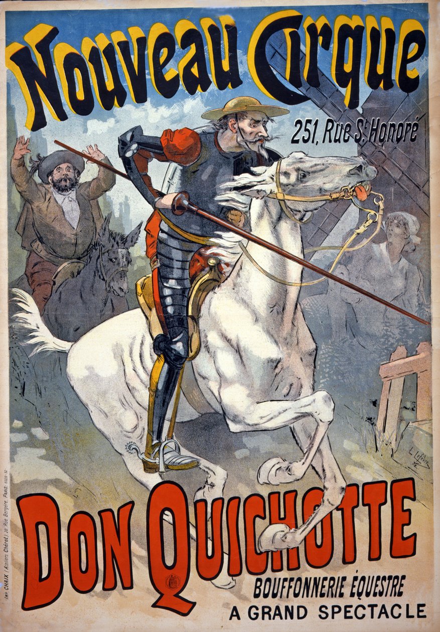 Anuncio de "Nouveau Cirque" con "Don Quichotte, Bouffonnerie équestre", pub. 1892 (litografia en color) de Lucien Lefevre