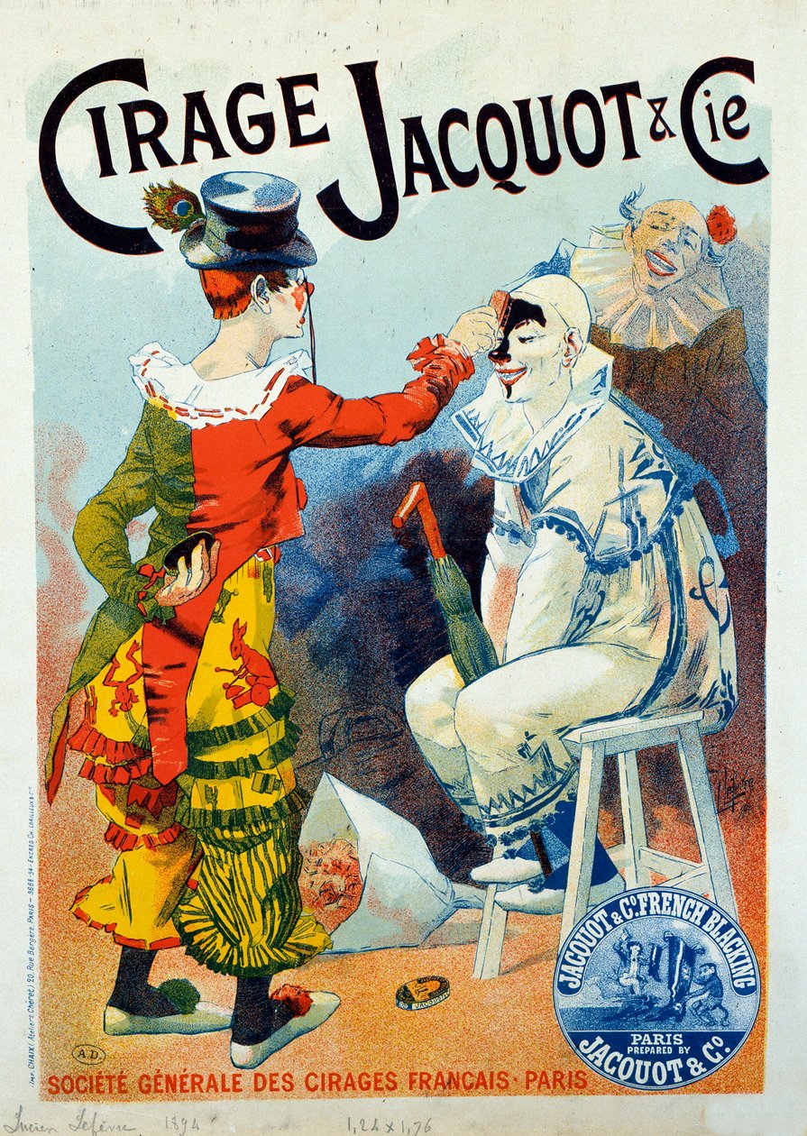Publicidad del esmalte Jacquot. Dos payasos maquillando con esmalte. Dibujo de Lucien Lefevre (1850-?). 1894 París. Arts Decoratifs - Anuncio de cera Jacquot: Dos payasos maquillando con betún, por Lucien Lefevre de Lucien Lefevre