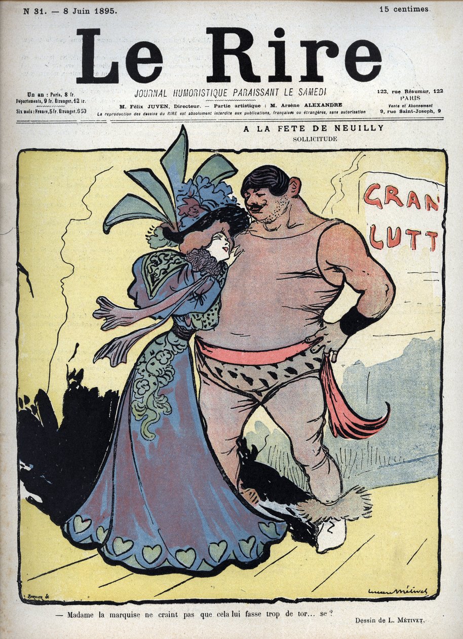 En la fiesta de Neuilly: cuidado - una mujer elegantemente vestida habla con un luchador dibujado por Lucien Marie François Métivet (1863-1930) - la risa del 8 de junio de Lucien Metivet