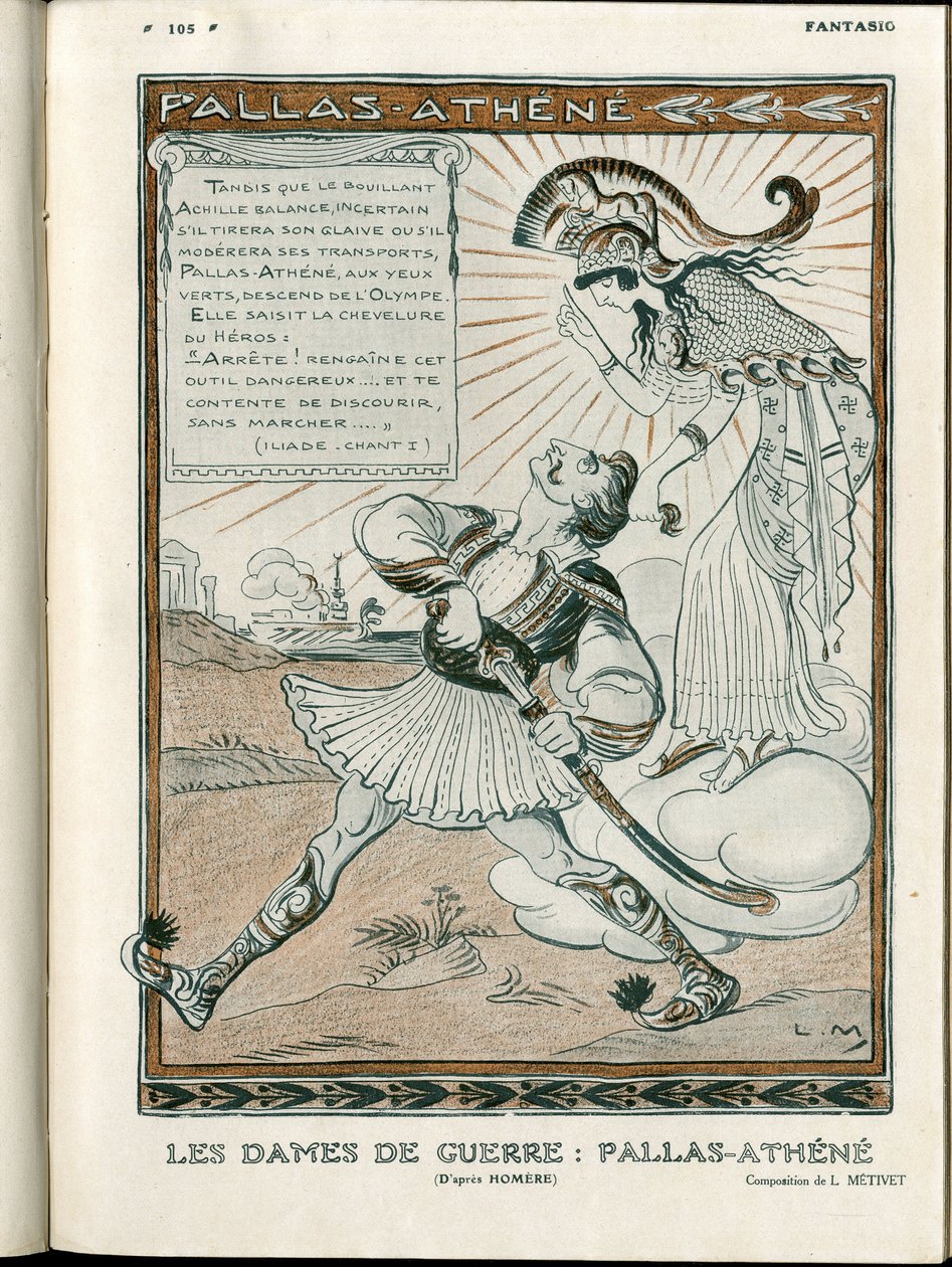 Ilustración en "Fantasio", 01/04/15 - la mujer de la guerra Pallas-Athenee guerra 14-18 (grabado) de Lucien Metivet