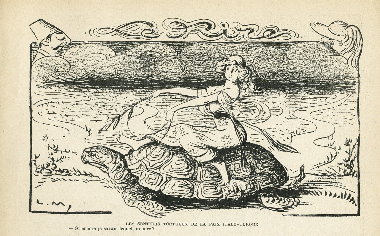 Ilustración en Le Rire, 05/10/12 - Los tortuosos caminos de la paz Italo turca - Guerra, Turquía, Italia, Paz - Tortuga - Animación, Alegoría de Lucien Metivet