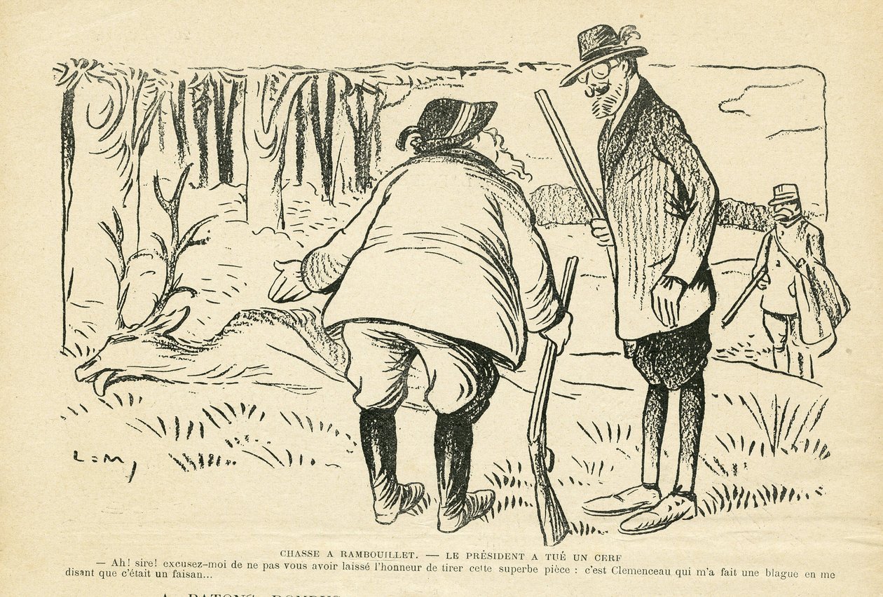 Ilustración en Le Rire, 05/12/08 - Caza en Rambouillet - Naturaleza Vegetación, Caza cazador, Presidente de la República, Rambouillet - Clemenceau Georges, Fallieres Armand (1841-1931), Ciervo de Lucien Metivet