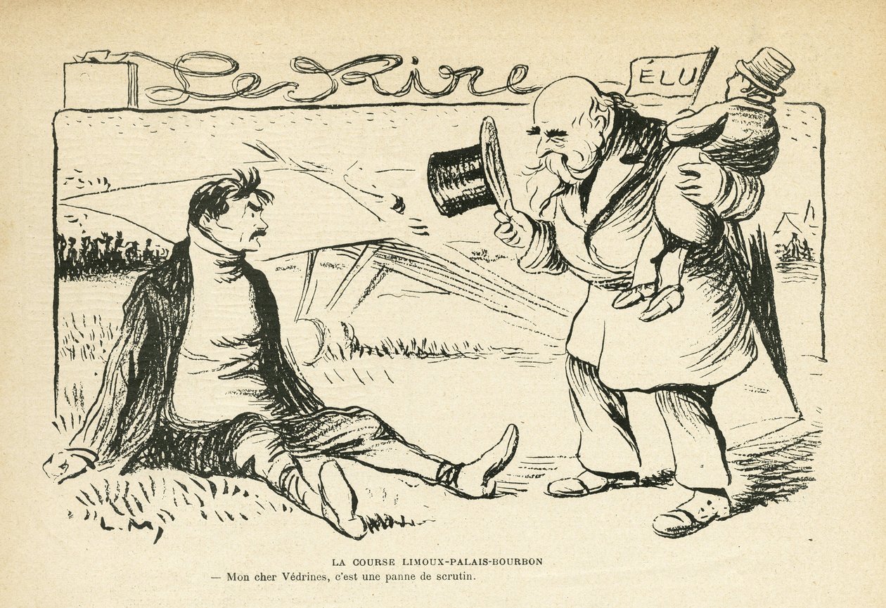 Ilustración en Le Rire, 30/03/12 - La carrera Limoux-Palais-Bourbon - Elecciones, Aviación - Vedrines Jules (1881-1919) (grabado) de Lucien Metivet
