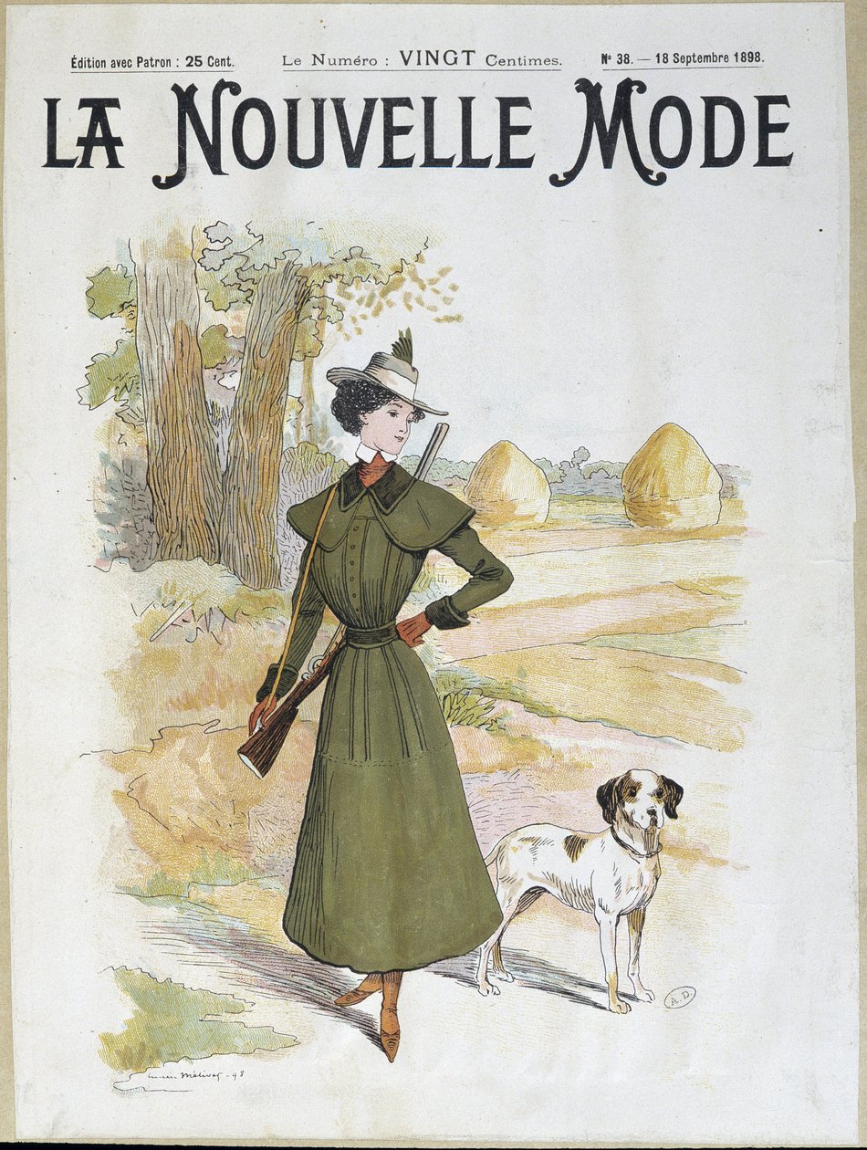Mujer en atuendo de caza con un rifle - en "La Nouvelle Mode" de sept. 1898 de Lucien Metivet