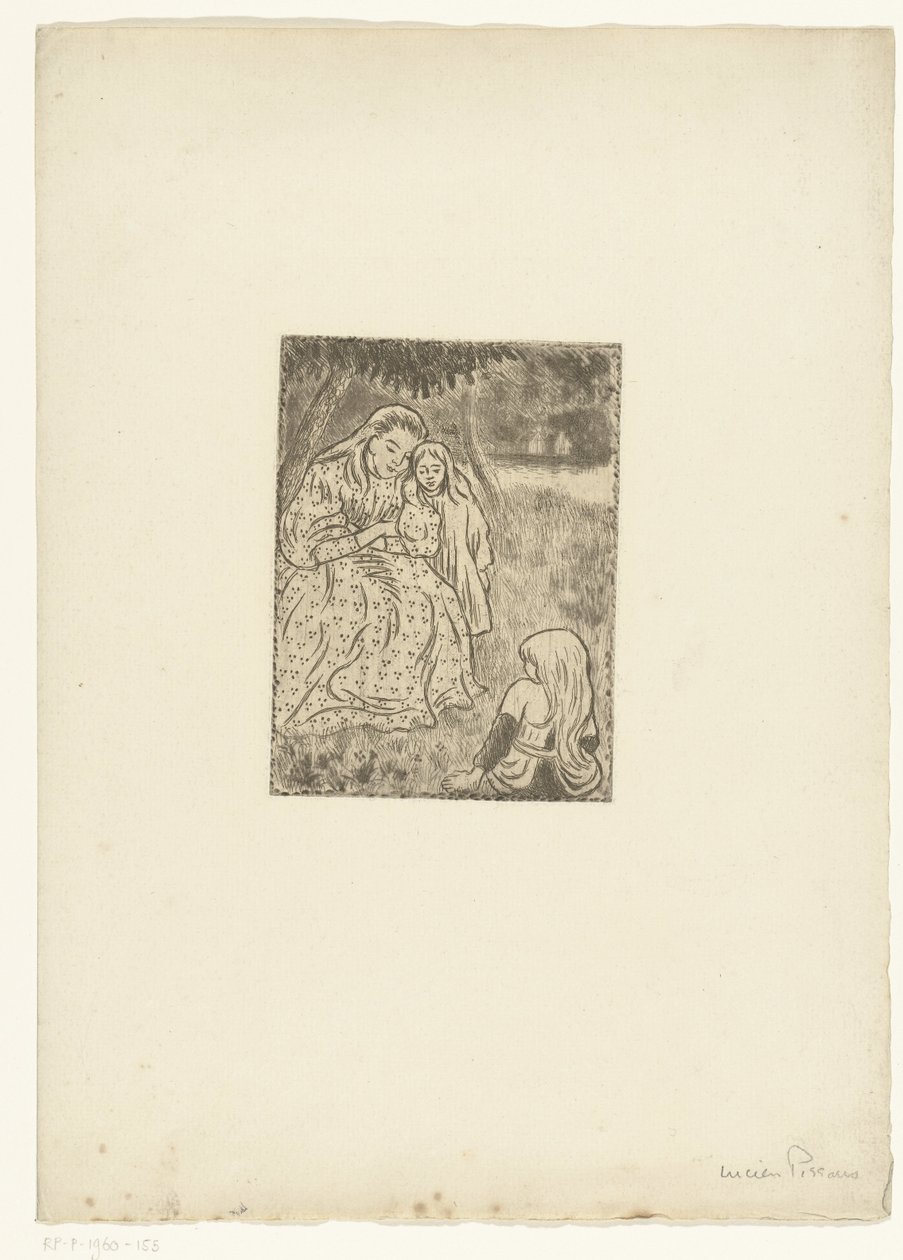 Mujer con dos niñas en un prado de Lucien Pissarro