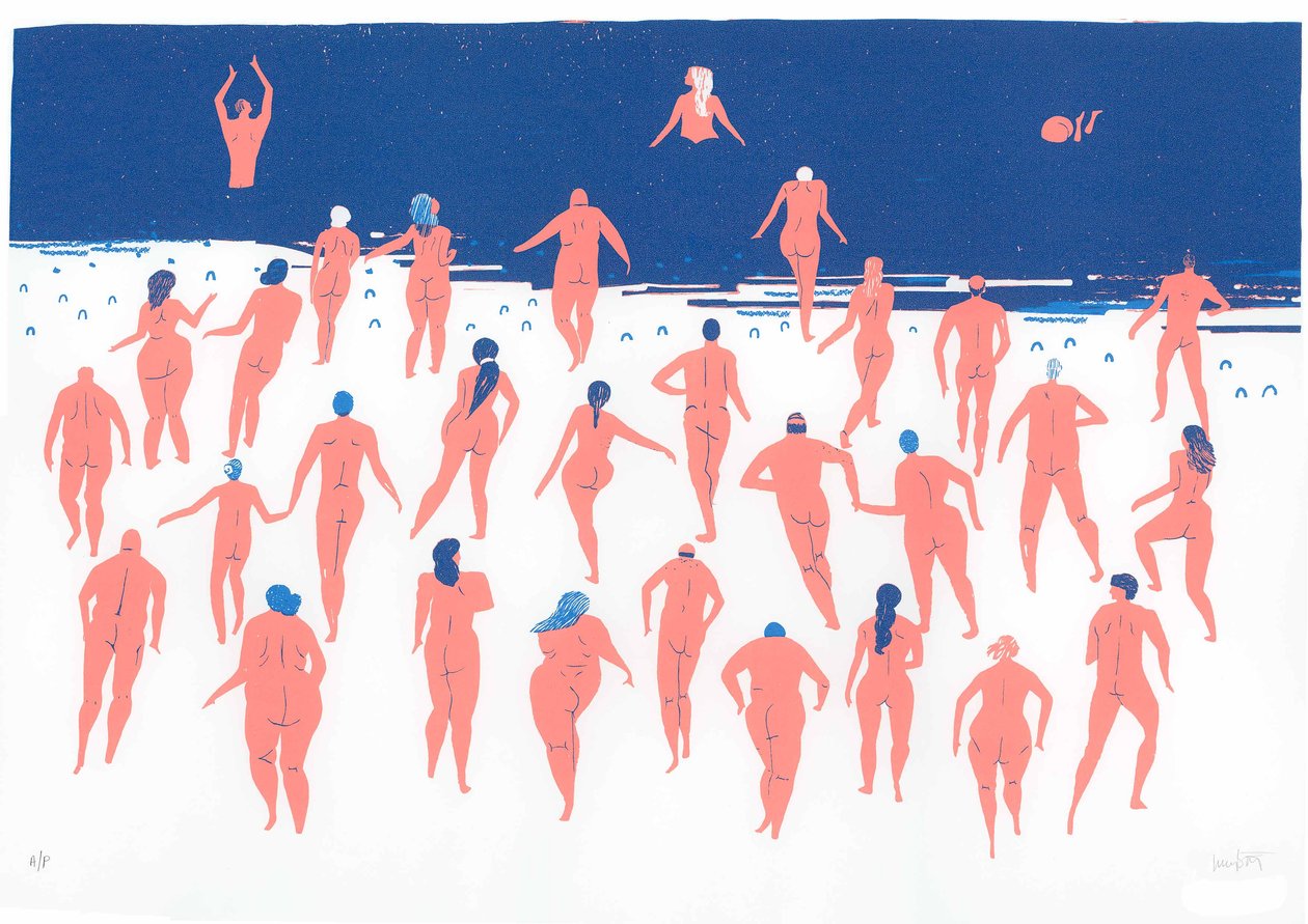 Carrera desnuda por la playa, 2016 (serigrafía) de Lucy Banaji