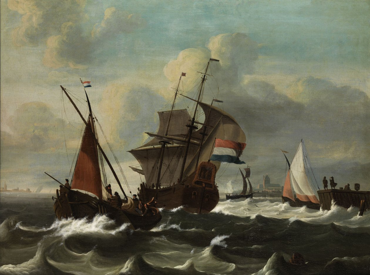 Escena marina con un velero holandés de tres mástiles de Ludolf Bakhuizen