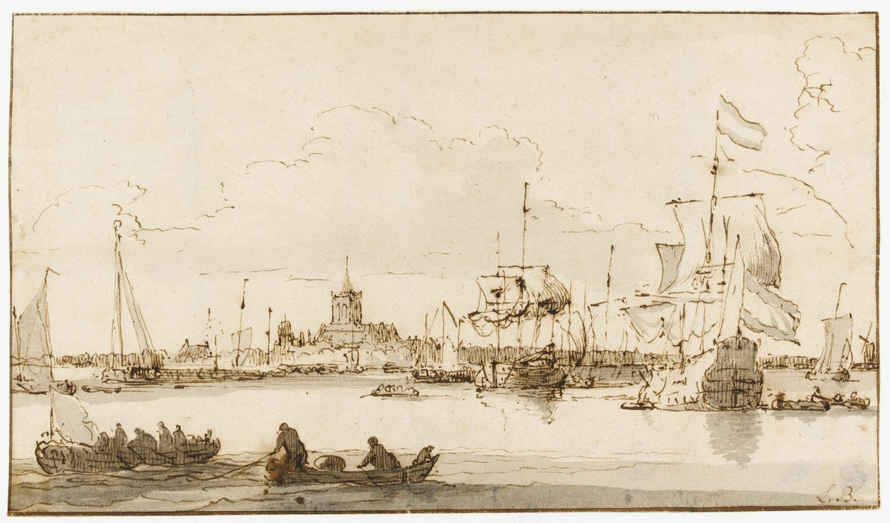 Una vista de Vlaardingen con barcos en primer plano de Ludolf Backhuysen