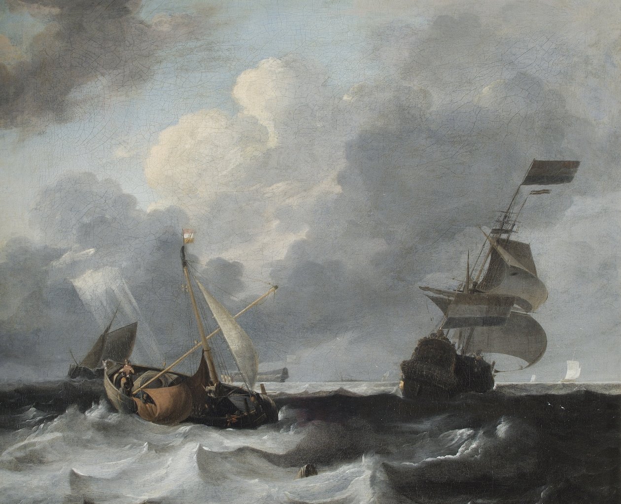 Una tormenta en la costa con barcos de guerra y barcos de pesca de Ludolf Backhuysen