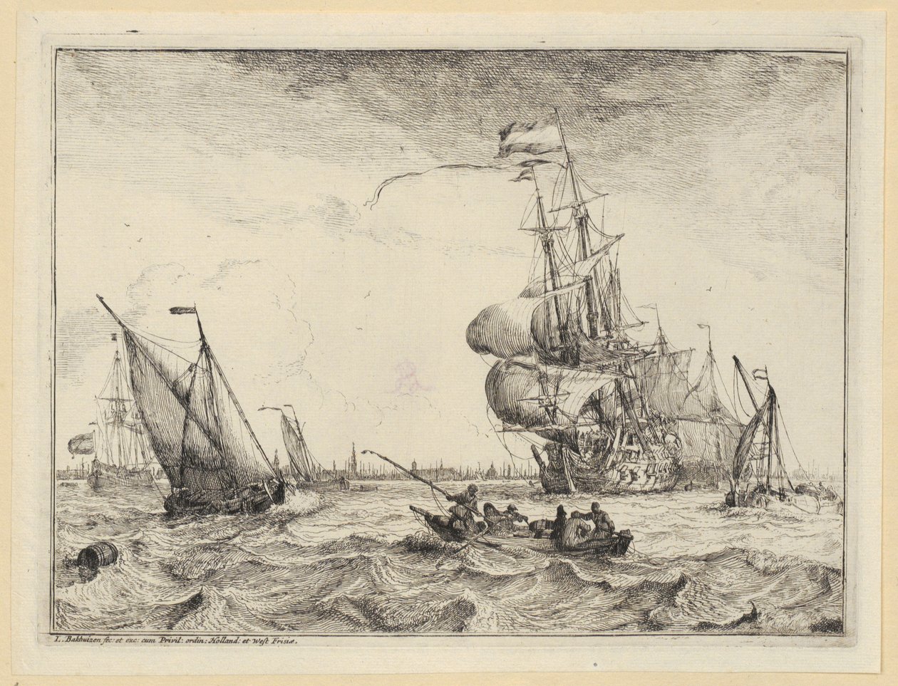 Una barcaza y varios veleros en un mar tormentoso frente a Ámsterdam, lámina 4 de la serie «Marinas con vistas del IJ, Ámsterdam, Róterdam y Katwijk» (Hollstein n.º 1-10) de Ludolf Backhuysen
